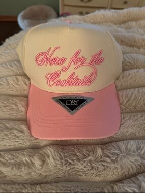 NWT D&Y Two-Tone Pink and Cream Trucker Hat “Here for the Cocktails”